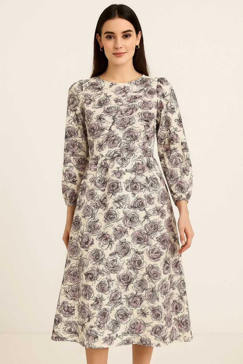Ivory Bloom Crape Mix A-Line Midi Dress
