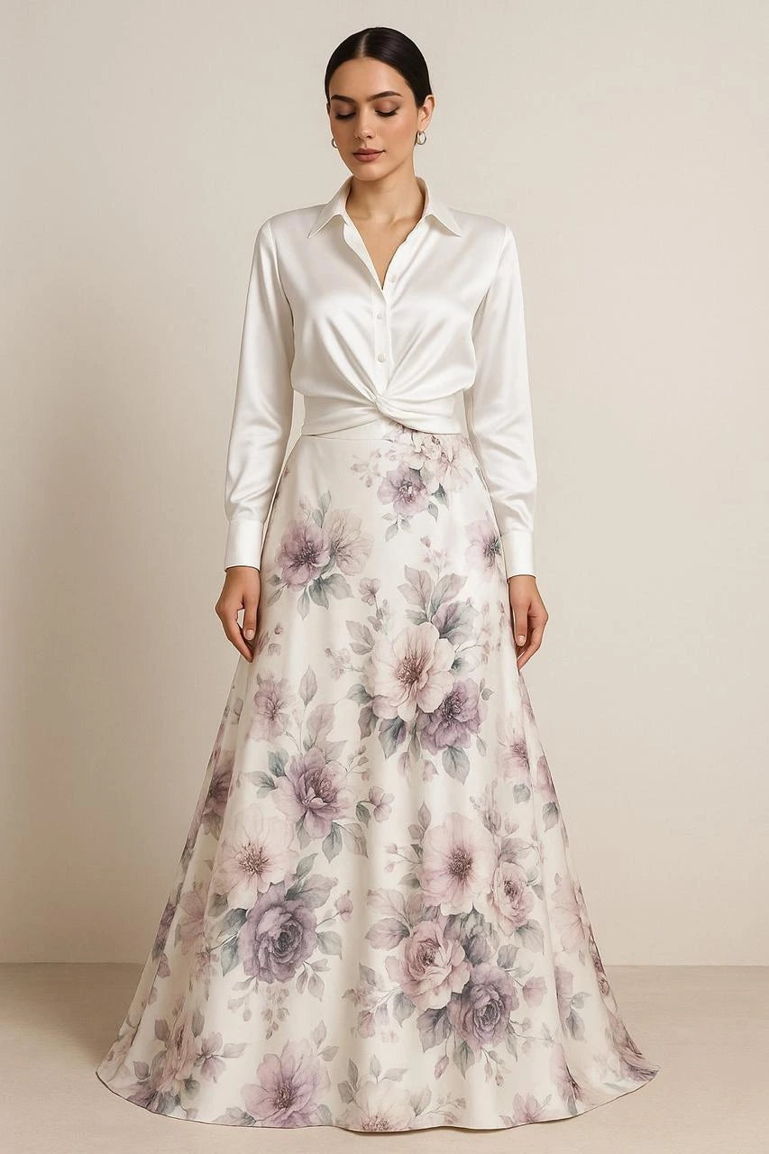Ivory Bloom Muslin Floral Skirt & Satin Shirt Co-ord Set