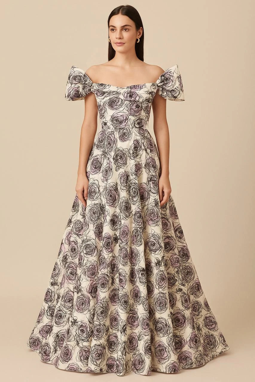 Ivory Rose Crape Mix Off-Shoulder Ball Gown