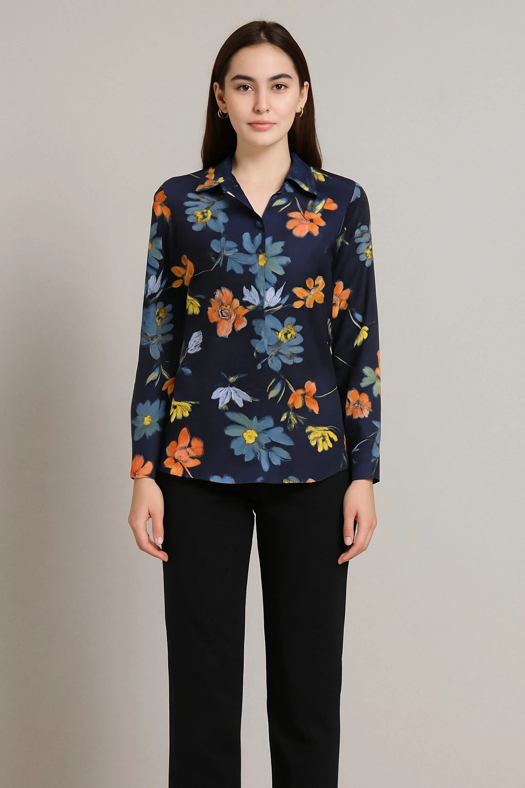 Midnight Bloom Satin Silk Shirt Top