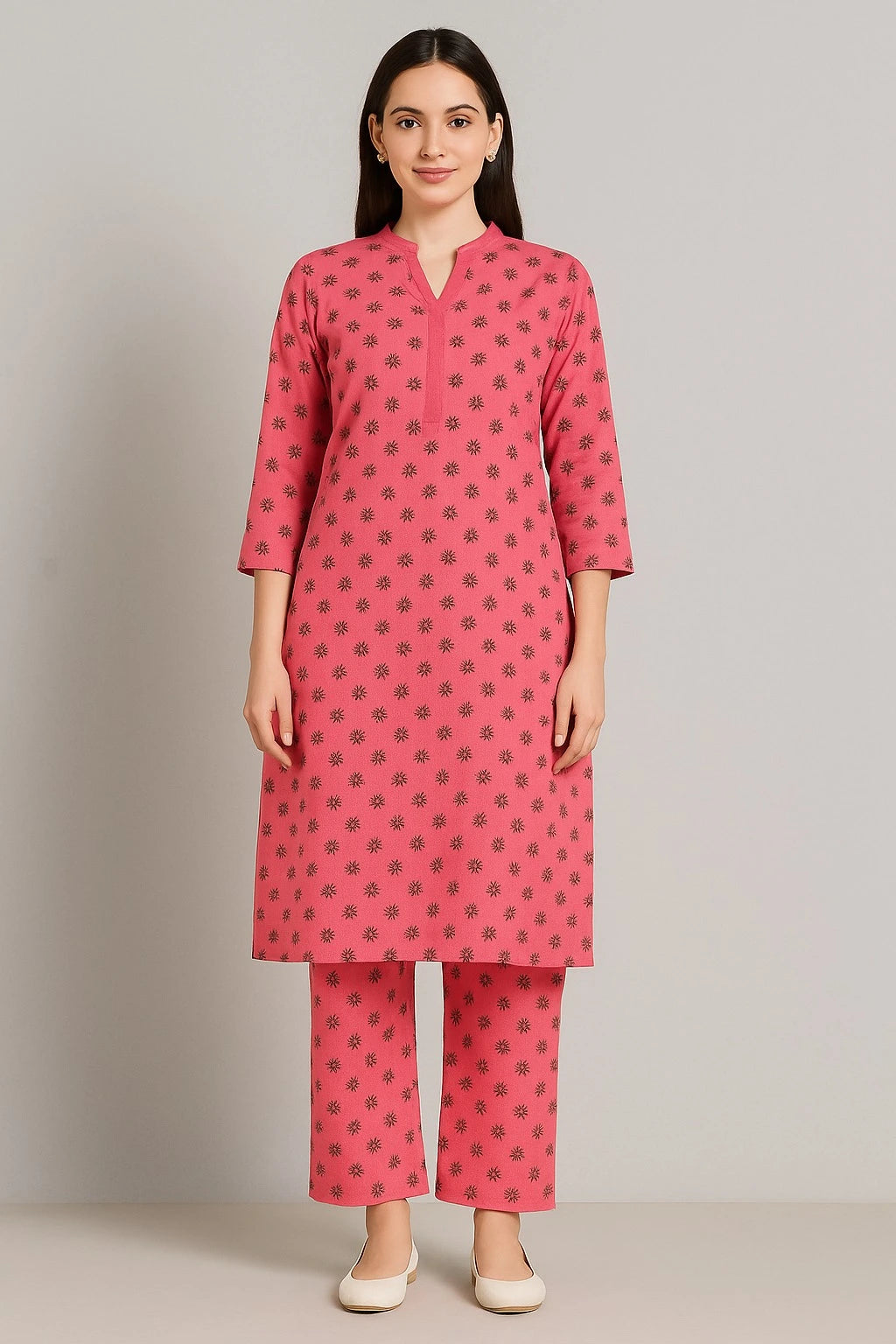 Rose Charm Row Silk Straight Kurta Set