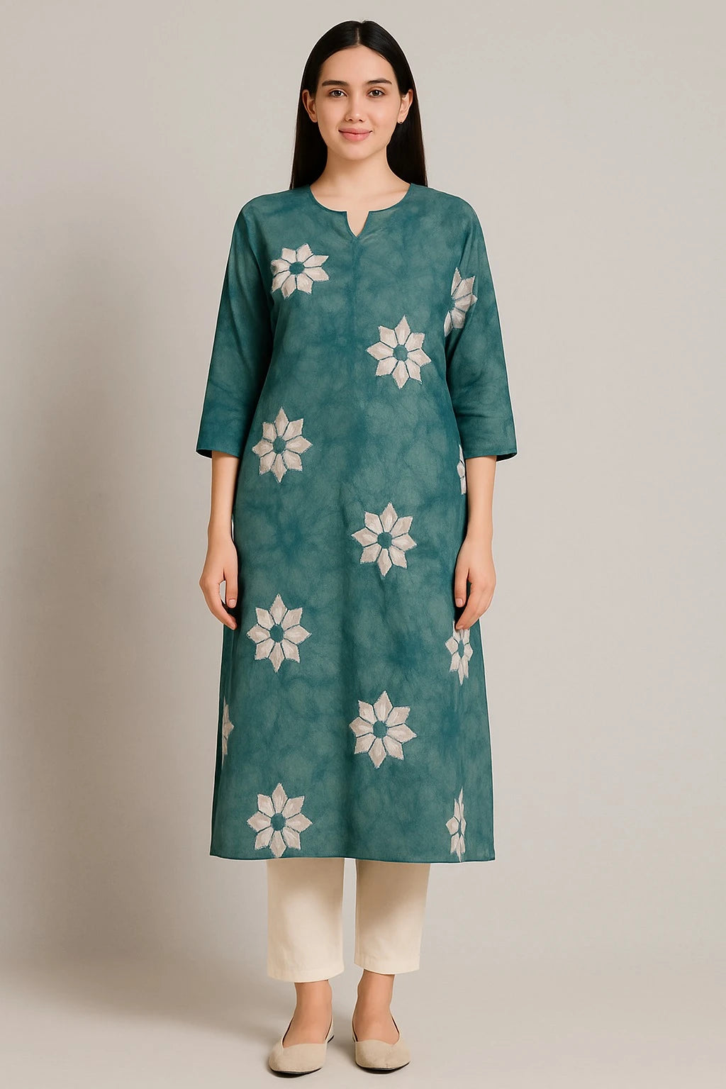 Teal Blossom Handcrafted Cotton Kurta Set
